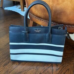 Kate Spade Madison Stripe Saffiano Leather and Canvas Satchel Tote Black White